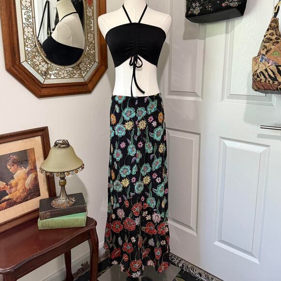 VTG 90s Chicos Black & Multi Floral Embroidered Beaded Boho Fairy Maxi Skirt L - Picture 2 of 8